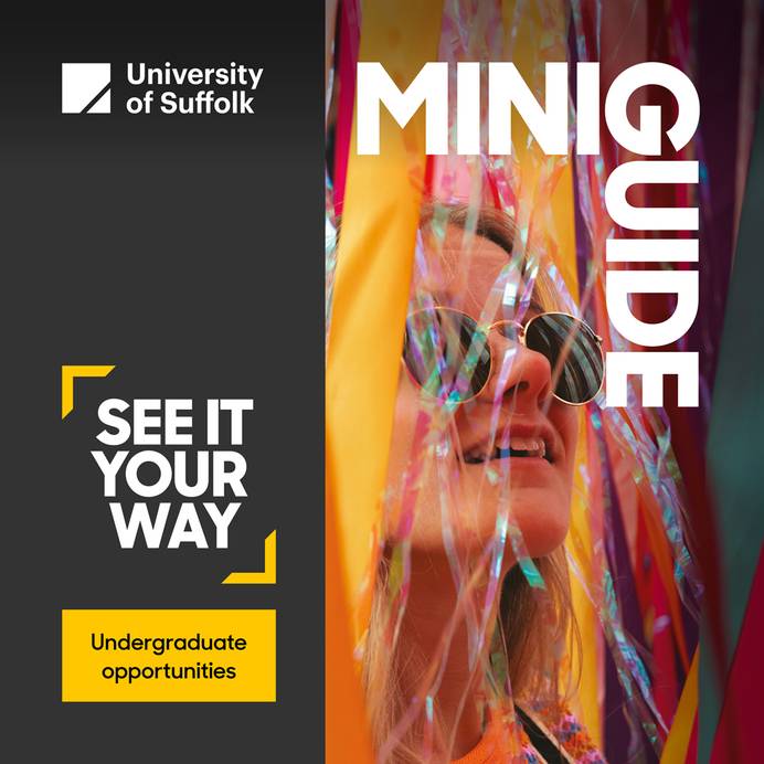 Student surrounded by ribbons with overlay text reading Mini Guide See It Your Way Undergraduate Opportunities