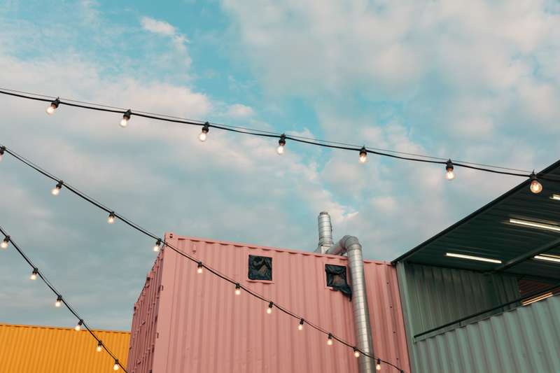 View of cargo containers used as shops in Felixstowe