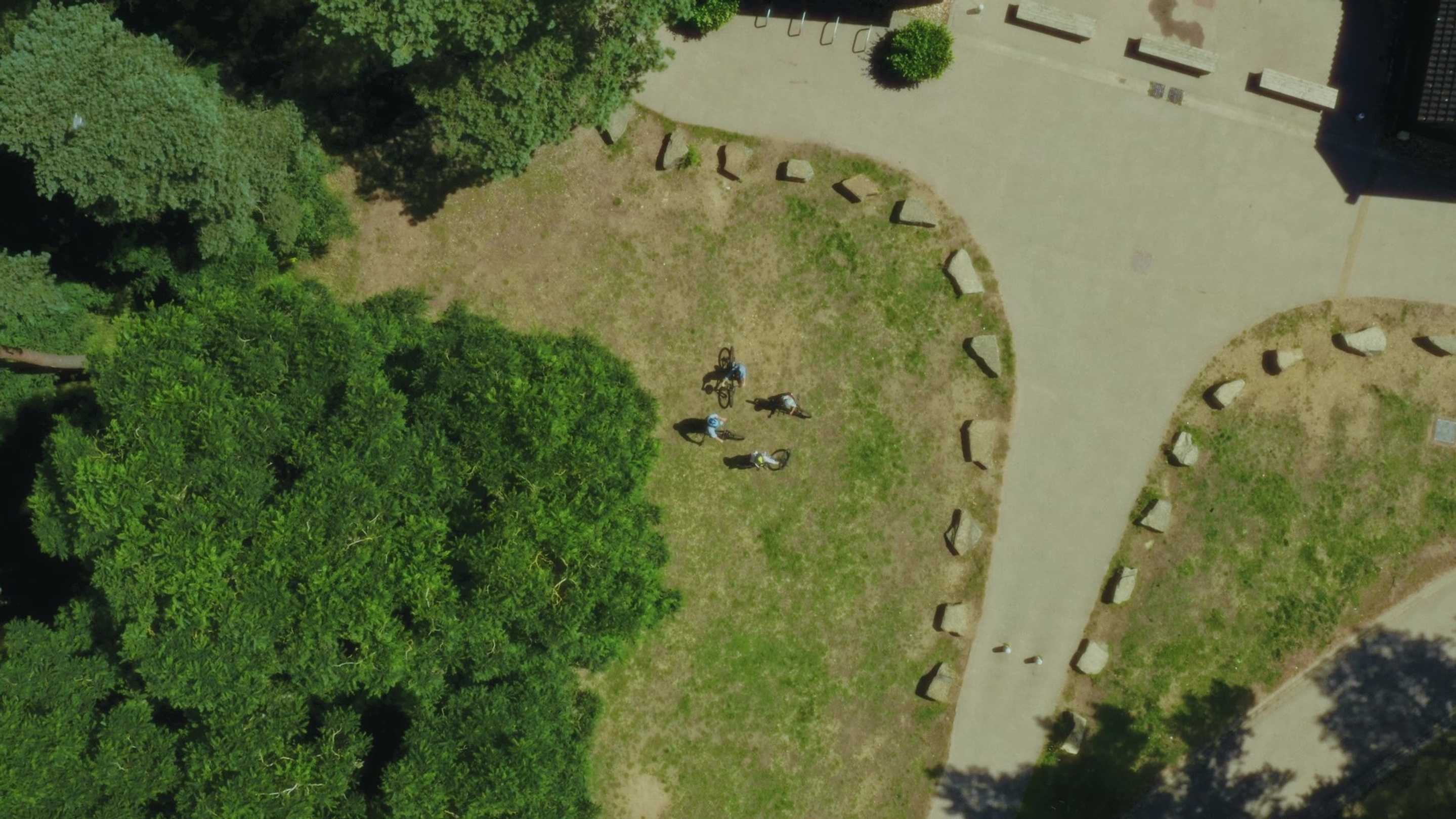Aerial view of four cyclists