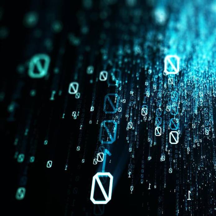 Binary code flying through a vortex