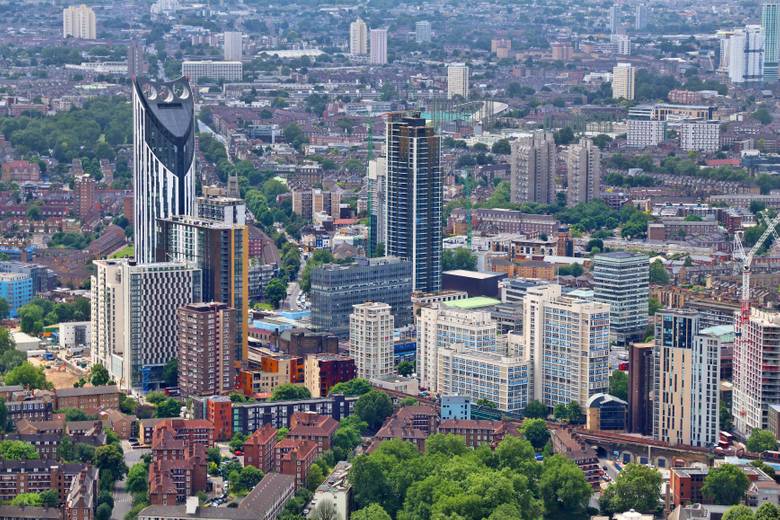 Aerial view of Strata Tower and the Elephant & Castle area, London.