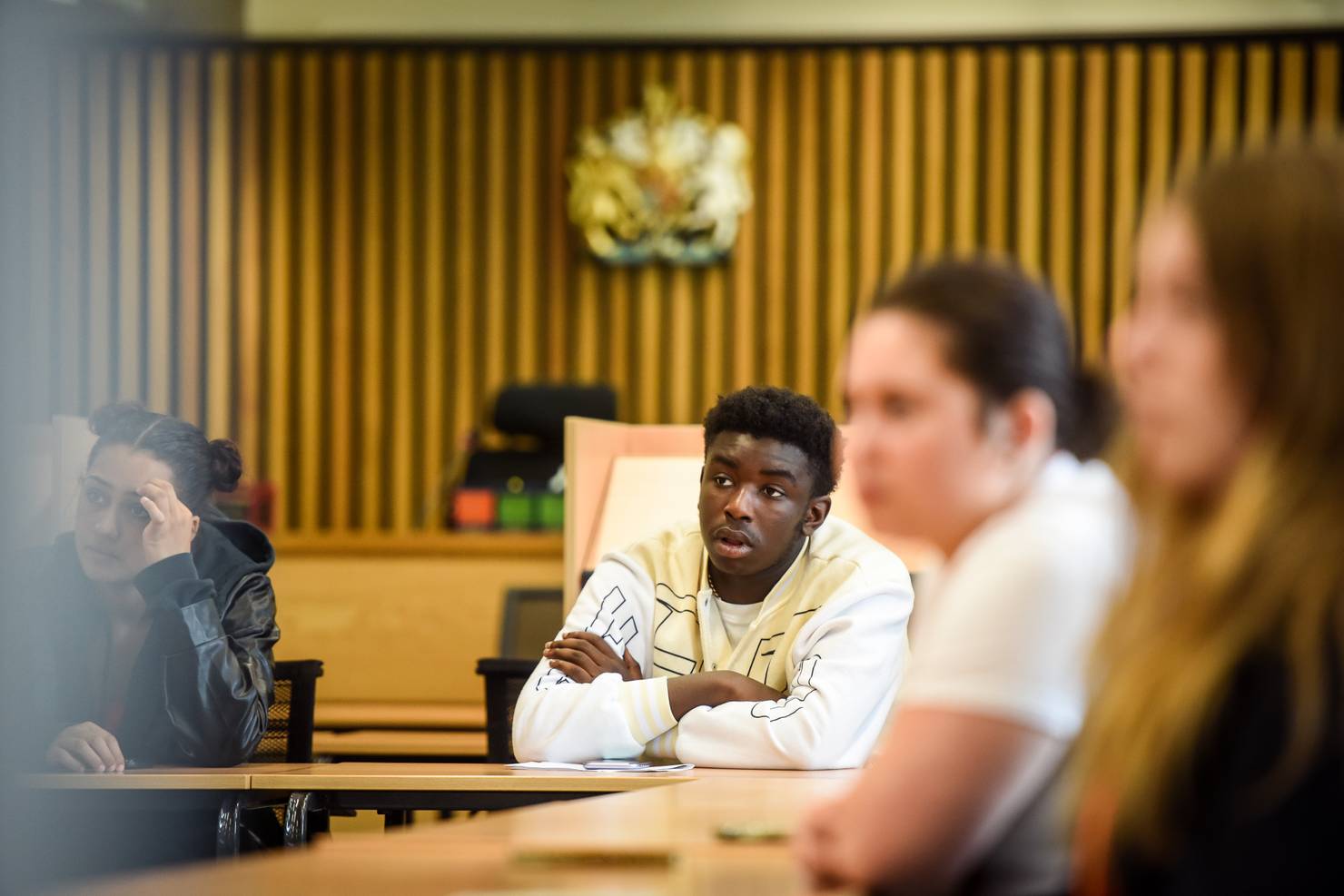 Students sitting the mock court room