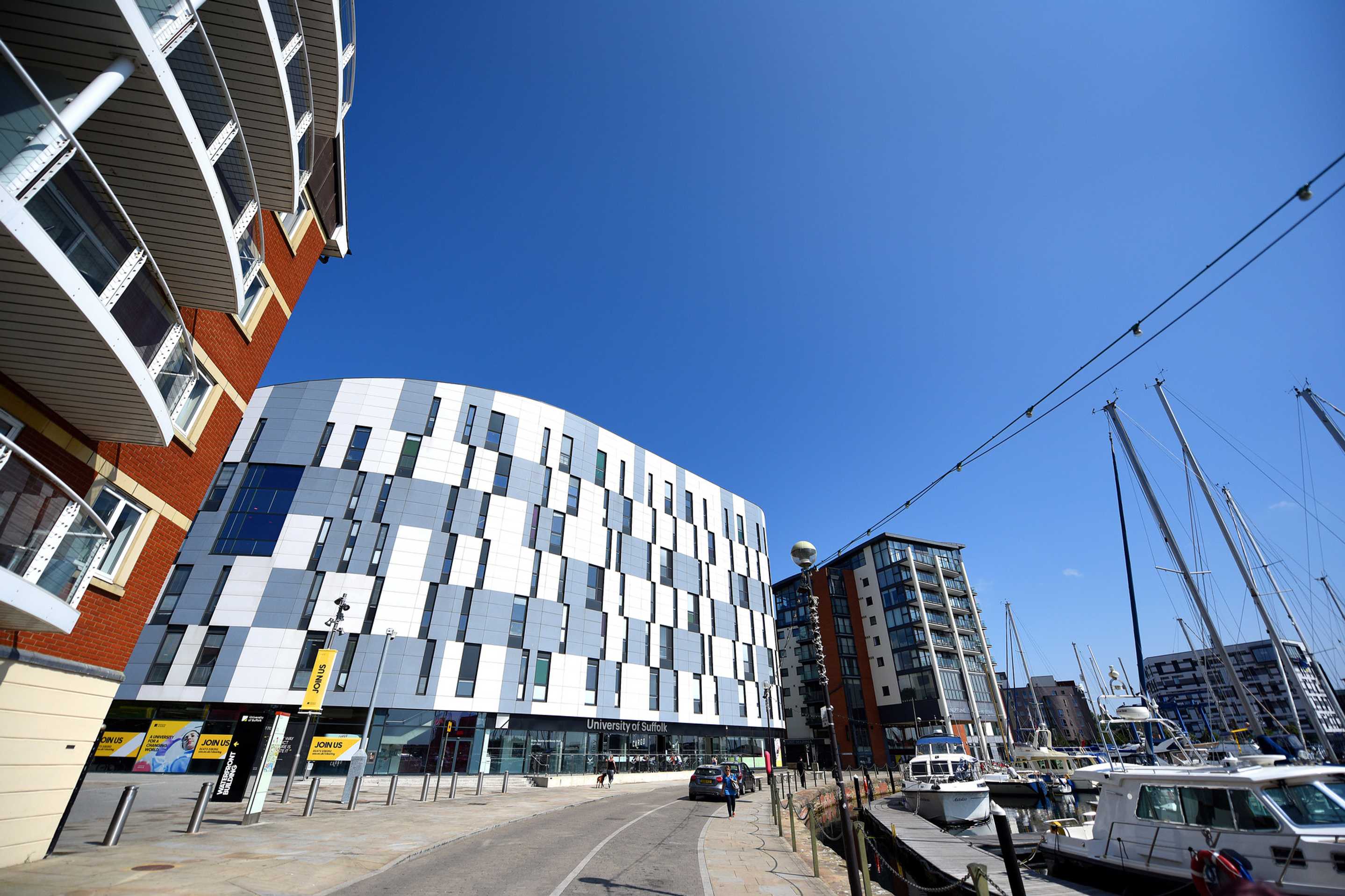 The University of Suffolk main Waterfront Building in the sunshine
