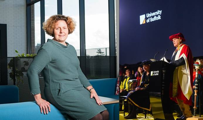 A composite image of two photos side by side - one is Ruth Strudwick seated by a sofa and the other is Charlie Haylock giving a speech