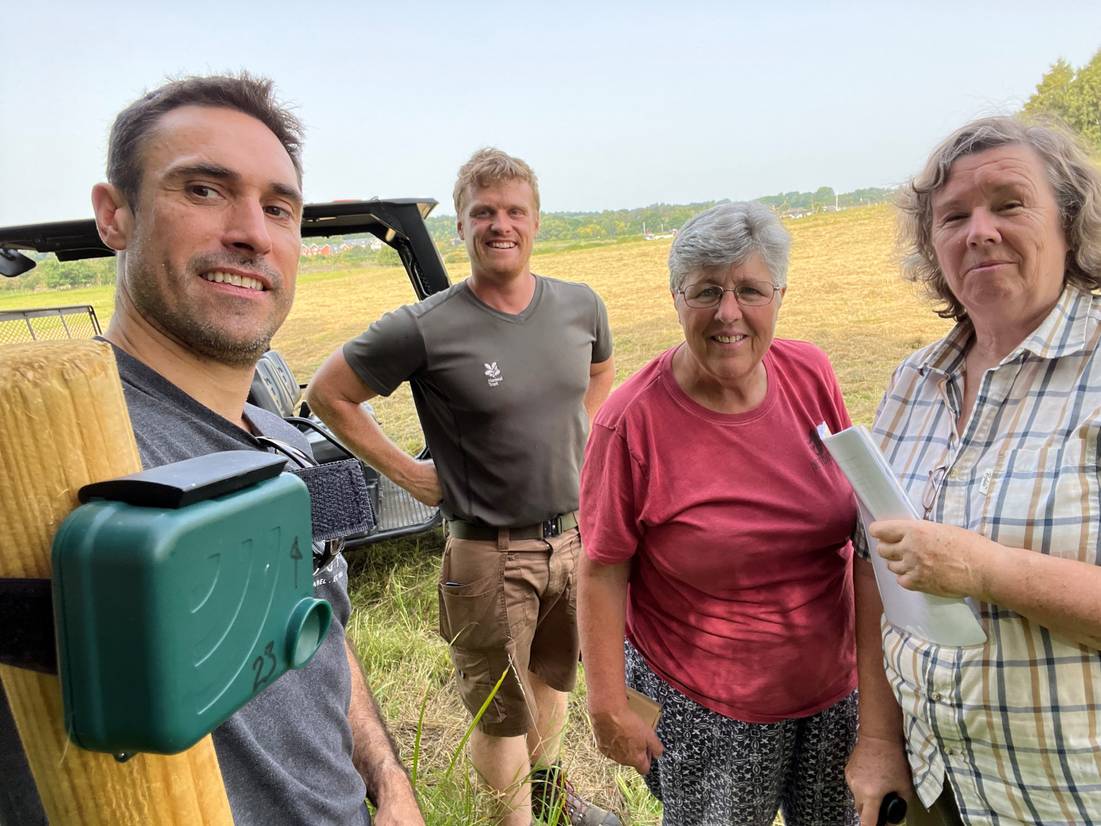 Left to right: Dr Mark Bowler from the University of Suffolk, Sutton Hoo’s Jonathan Plews, Jane Healey from Transition Woodbridge and Deborah Pratt from Transition Woodbridge with one of the bat detectors at Sutton Hoo (photo credit: Mark Bowler)