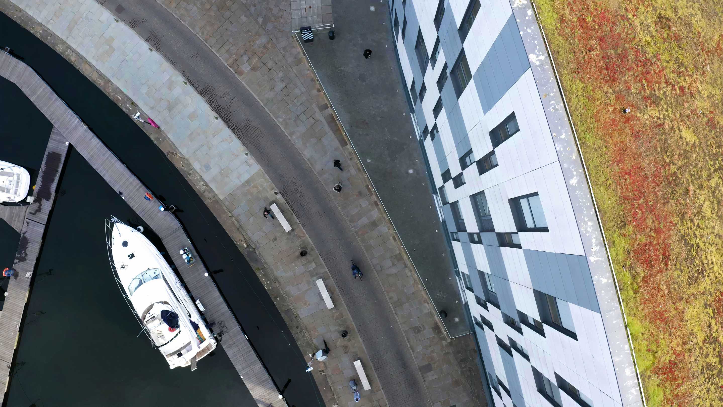 Aerial view of the Waterfront Building and plaza