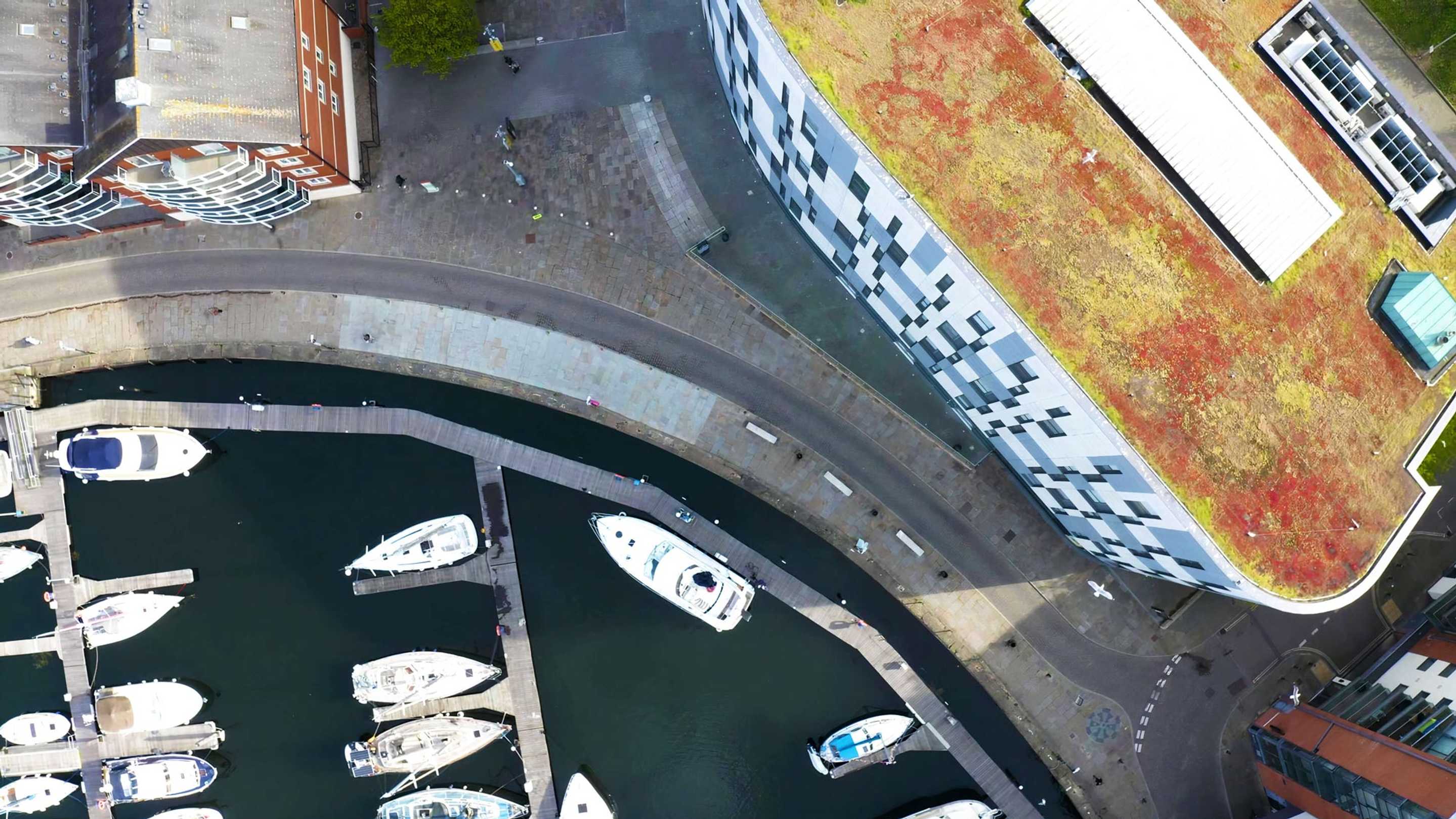 Aerial view of the Waterfront Building and plaza