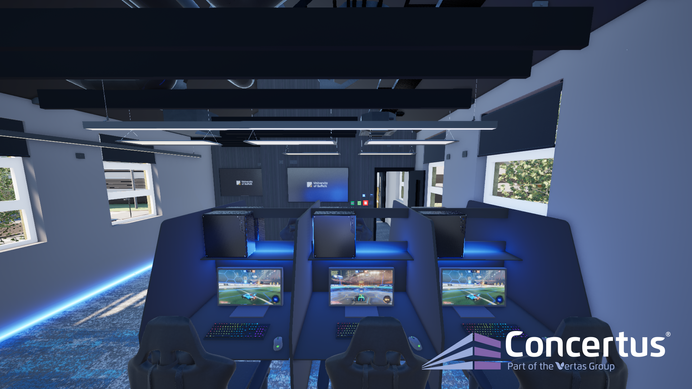A CGI image of the new esports facility at the University of Suffolk. A bank of gaming PCs is visible