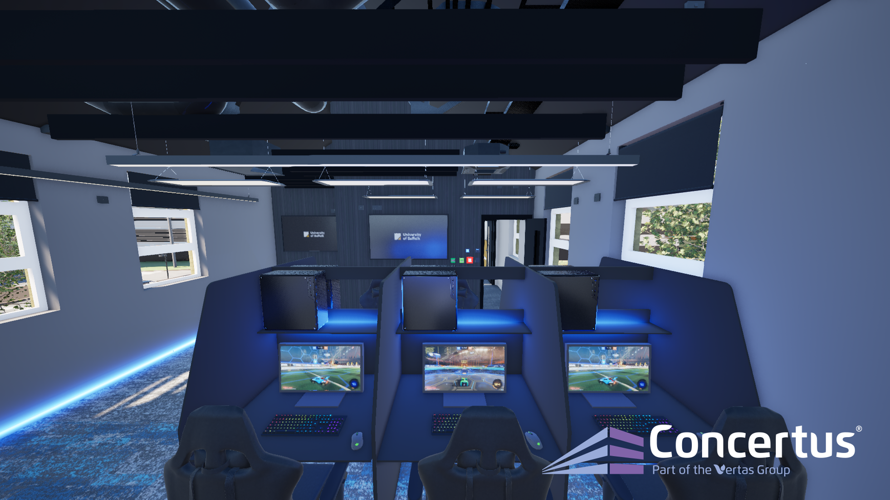 A CGI image of the new esports facility at the University of Suffolk. A bank of gaming PCs is visible