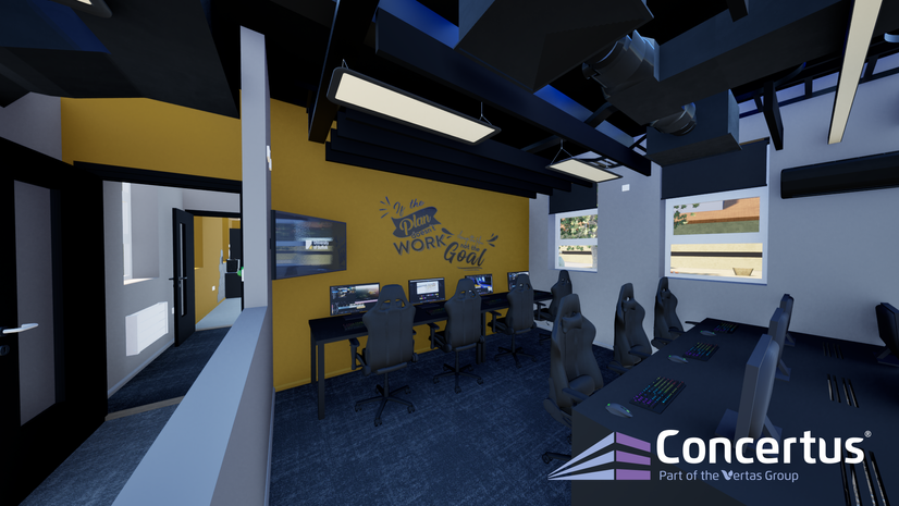 A CGI image of the new esports facility at the University of Suffolk. A bank of gaming PCs is visible
